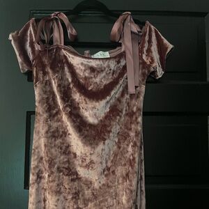 Blush velvet cocktail dress with ribbon detailed straps